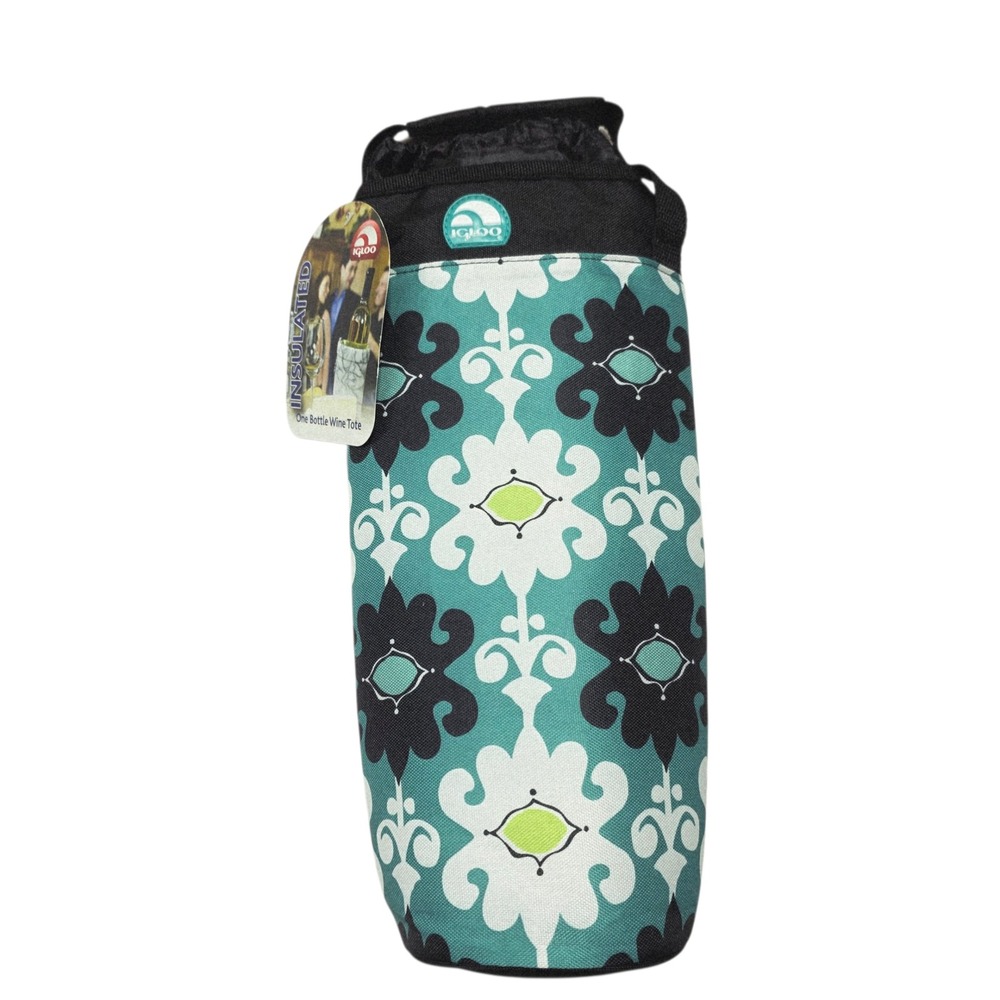 Igloo Insulated‎ One Bottle Wine Tote Cooler Bag Teal Floral Drawstring Handle